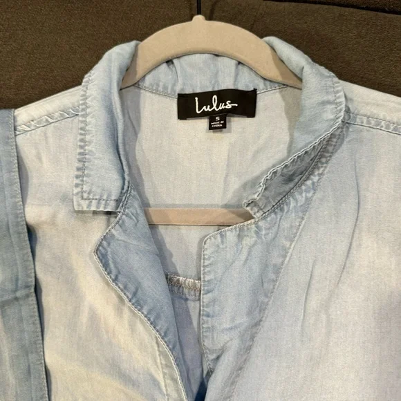 Lulus-It's A Tie Blue Chambray Belted Shirt Dress EUC - Picture 4 of 7